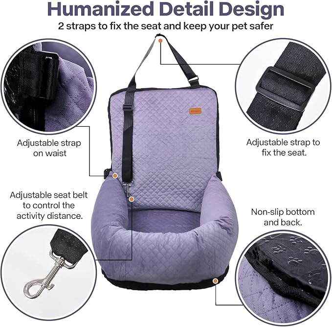 Dog Car Seat for Small Medium Dogs Up to 40lbs, Detachable Washable Soft Pet Booster Travel Bed for Front &amp; Purple Seat with Safety Leash Belt