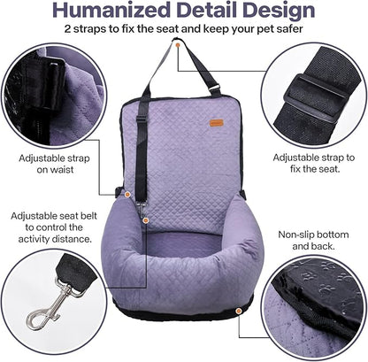Dog Car Seat for Small Medium Dogs Up to 40lbs, Detachable Washable Soft Pet Booster Travel Bed for Front &amp; Purple Seat with Safety Leash Belt