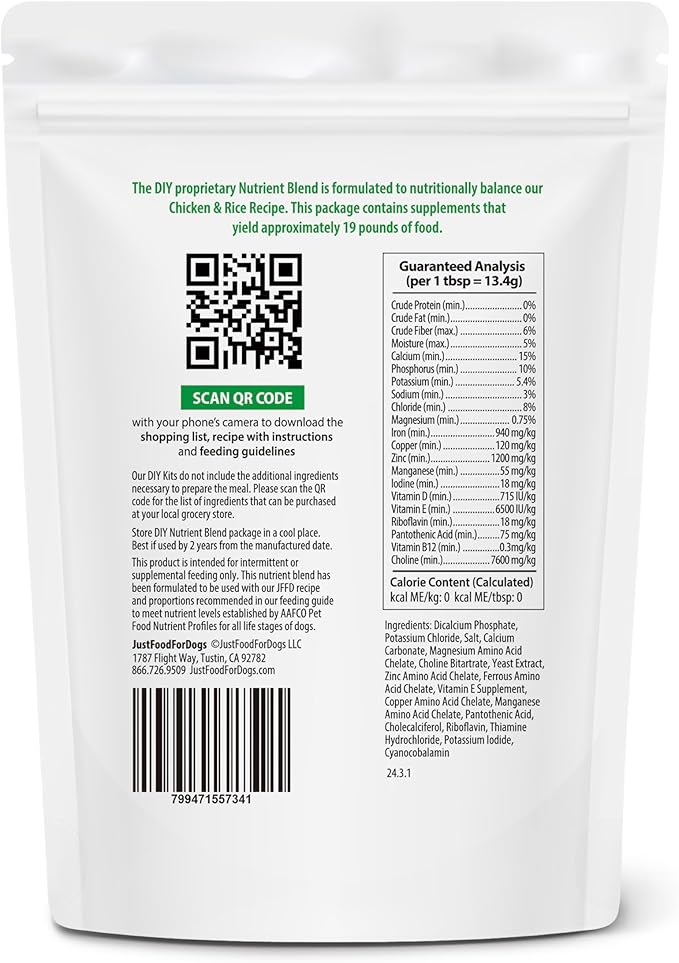 JustFoodForDogs DIY Nutrient Blend for Homemade Dog Food, Chicken &amp; White Rice