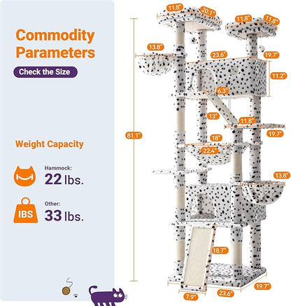 Allewie 81 Inches Tall Cat Tree/Multi-Level Large Climbing Tree House and Towers for Big Feline/Condo and Hammock/Scratching Post/Wide Base/White &amp; Black Spot