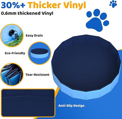 39.5" x 12" Foldable Dog Pool - Collapsible Hard Plastic Kiddie Pool for Dogs &amp; Kids, Non-Slip Pet Bath Tub for Outdoor Backyard Use, Lightweight &amp; Portable (Blue)