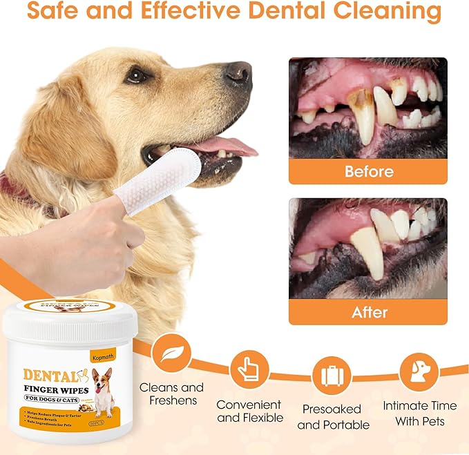 Teeth Cleaning Finger Wipes, Dog Dental Wipes, Reduce Plaque &amp; Tartar, Freshen Breath, Safe &amp; Natural Pet Dental Wipes for Dogs Teeth, Portable Dog Tooth Wipes for Cats,50 Ct, Chicken Scent