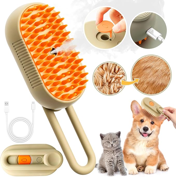 Cat Steam Brush for Shedding with Foldable Handle 4 in 1 Rechargeable Steam Brush for Cats and Dogs,Haired Pets Spritz Defur Comb for Cats Pet Spray Grooming Tool for Hair Removal &amp; Massage