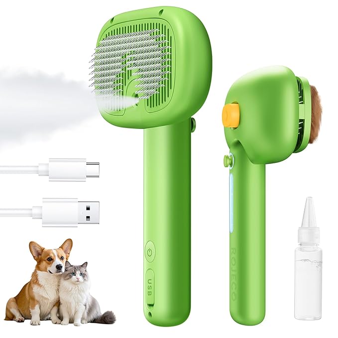 ROJECO 3-in-1 Pet Steam Brush for Cats&amp;Dogs - Detangling Comb with Adjustable Mist, Handheld Deshedding Grooming Tool for Long/Short Hair, Massage Brush &amp; Shedding Control Gift,Cordless (Green)