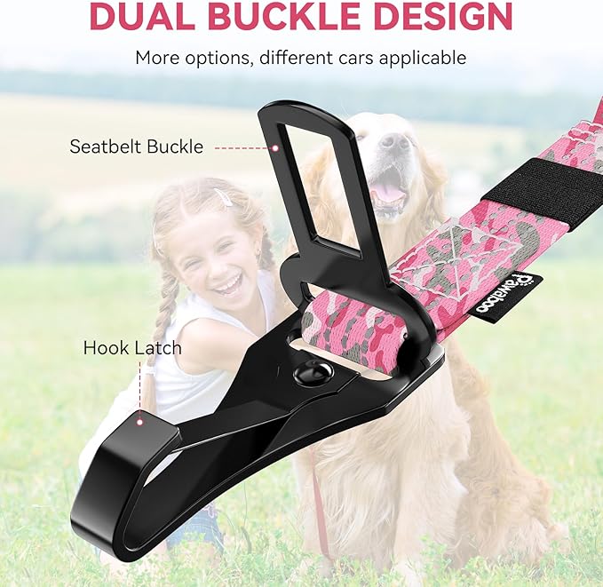 Pawaboo Dog Seatbelt for Car, 3-in-1 Dog Seat Belt Bungee, Shockproof Dogs Tether with Buckle &amp; Hook Latch, Adjustable Reflective Dogs Cars Harness Leash with 360° Lockable Buckle, Pink Camouflage