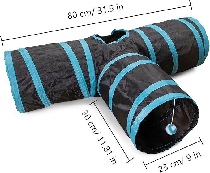 Cat Tunnel, 3 Way Cat Tunnels for Indoor Cats, Foldable Cat Tubes and Tunnels for Cats Kittens, Kitty Bored Peek Hole Toy Ball Cat, Puppy, Kitty, Kitten, Rabbit, Guinea Pigs (Blue &amp; Black)