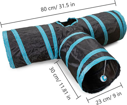 Cat Tunnel, 3 Way Cat Tunnels for Indoor Cats, Foldable Cat Tubes and Tunnels for Cats Kittens, Kitty Bored Peek Hole Toy Ball Cat, Puppy, Kitty, Kitten, Rabbit, Guinea Pigs (Blue &amp; Black)