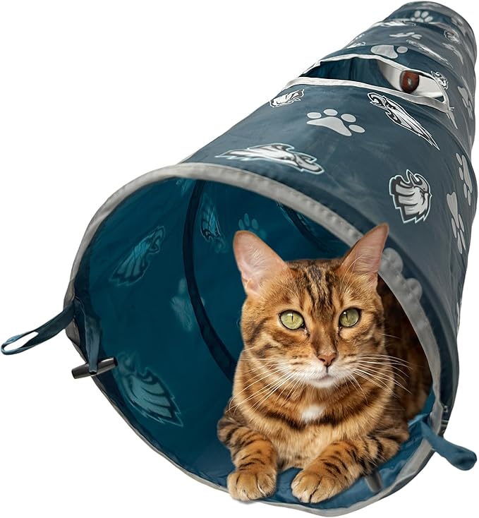 NFL Philadelphia Eagles Cat Tunnel Tube Toy with Plush Football Catnip and Feathers Collapsible Tunnel for Cats to Play, Peek and Hide, Sporty &amp; Fun Cat Tunnel Toy with Team Logo All-Over Design!