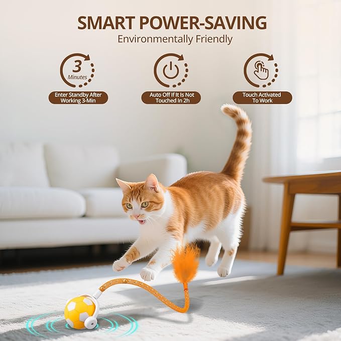 Cat Toy Ball,Interactive Cat Toy Ball with 3 Modes for Indoor Cat,The 2025 Generation Self Moving Cats Toy,Rolling Cats Toy with Feather &amp; Bells for Bored Cats &amp; Small dogs,Touch to Activate (Orange)