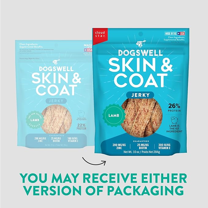 Dogswell Skin &amp; Coat Jerky Dog Treats, Lamb, 10 oz. Bag