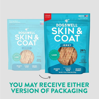 Dogswell Skin &amp; Coat Jerky Dog Treats, Lamb, 10 oz. Bag