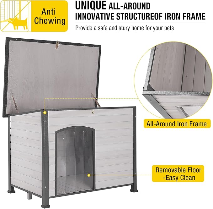 Aivituvin Large Dog House Outdoor Indoor Weatherproof Dog House for Small &amp; Medium &amp; Large Dogs with Unique All-Around Iron Frame＆Raised Feet（White）