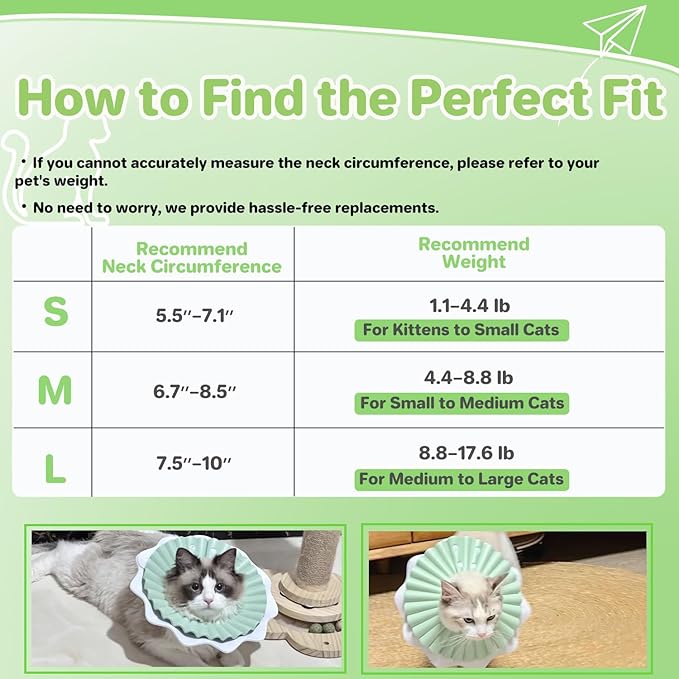 Soft Cat Cone Collar for Cats– Adjustable Lightweight Recovery E-Collar to Stop Licking, Scratching &amp; Biting After Surgery, Comfortable Wound Healing Cone Alternative (Green, L)