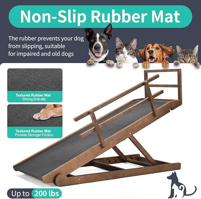 Dog Ramp, 5 Level Adjustable Wooden Folding Pet Ramp for Middle Bed, Couch,SUV-High Traction, Portable Paw Ramps for Small &amp; Large Old Dogs &amp; Cats - Furniture Quality