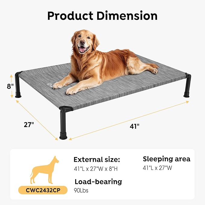 Veehoo Heavy Duty Elevated Dog Bed - Raised Dog Cot with Washable &amp; Breathable Teslin Mesh, Non-Slip Silicon Feet, Cooling for Indoor or Outdoor, 41" x 27", Black Silver