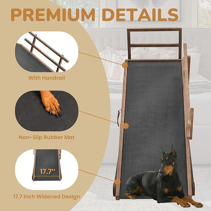 Dog Ramp for Bed, 5 Level Adjustable Dog Ramp for High Beds, Upgrade Rubber Mat High Traction Ramp with Safety Rails, Folding Pet Ramp for Bed, Couch,SUV, Natural Wood Pet Ramp for Small &amp; Old Dogs