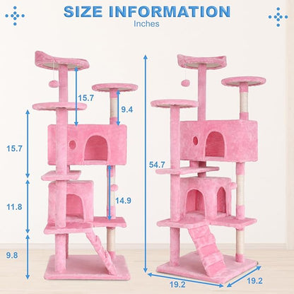FDW Cat Tree 54in Cat Tower Multi-Level Durable Cat Scratching Post &amp; Cozy Fun Cat Jumping Platform Space Saving Cat Condo Pet Play House for Indoor Cats,Pink