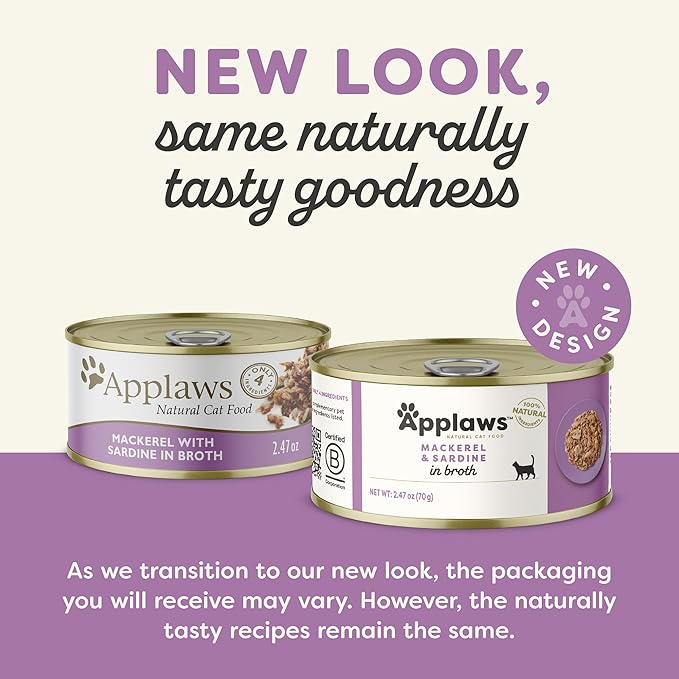 Applaws Natural Wet Cat Food in Broth, Limited Ingredient Canned Wet Cat Food, No Additives, Made with Natural Ingredients, Mackerel &amp; Sardine in Broth (24 x 2.47oz Cans)