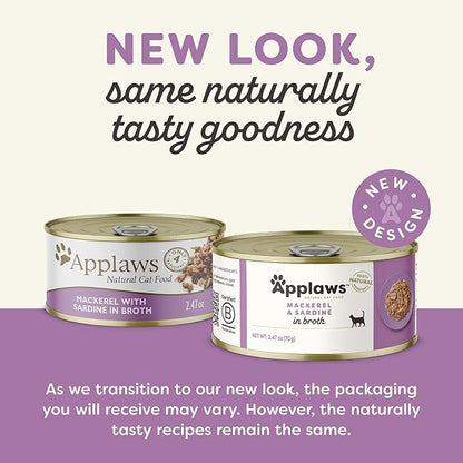 Applaws Natural Wet Cat Food in Broth, Limited Ingredient Canned Wet Cat Food, No Additives, Made with Natural Ingredients, Mackerel &amp; Sardine in Broth (24 x 2.47oz Cans)
