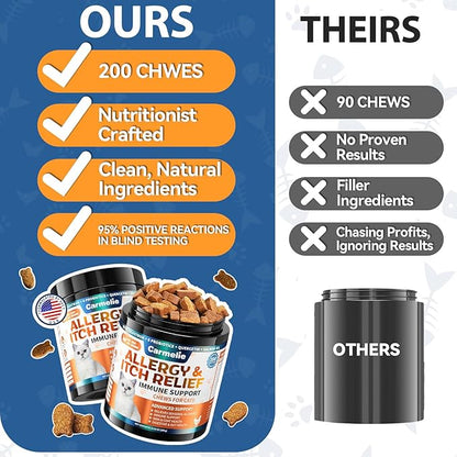 Cat Allergy Relief Chews 200 pcs - Cat Itchy Skin &amp; Paw Licking Relief - Omega 3 &amp; Probiotic for Cats - Anti-Itch Relief for Skin &amp; Coat Health, Immune Support, Seasonal Allergies - Chicken Flavor