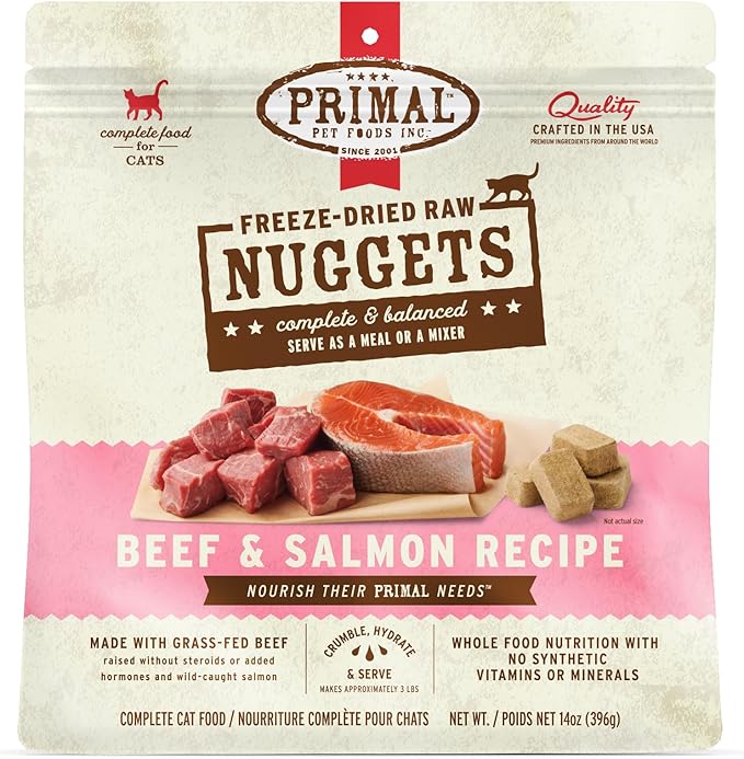 Primal Freeze Dried Raw Cat Food Nuggets Beef &amp; Salmon, Complete &amp; Balanced Meal or Topper, Premium, Healthy, Grain Free, High Protein Raw Cat Food with Probiotics (14 oz)