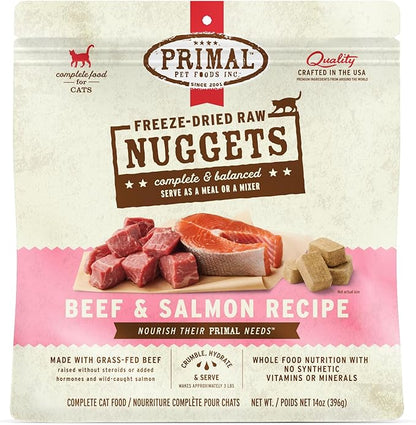 Primal Freeze Dried Raw Cat Food Nuggets Beef &amp; Salmon, Complete &amp; Balanced Meal or Topper, Premium, Healthy, Grain Free, High Protein Raw Cat Food with Probiotics (14 oz)