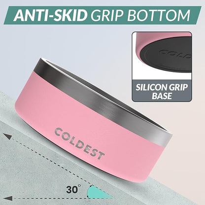 Coldest Dog Bowl - Anti Rust Metal, Non Slip, 3 Layers Insulated Stainless Steel Dog Bowls - Spill Proof &amp; Heavy Duty - Water Bowl for Dogs, Cats &amp; Pets, Dish Washer Safe (64 oz,Cotton Candy Pink)