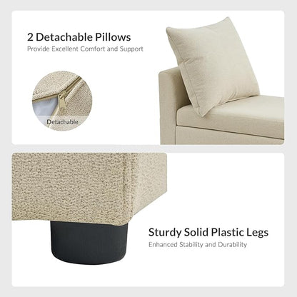 HULALA HOME Modern Storage Ottoman Bench with Throw Pillows, 59" Extra Long End of Bed Bench with Storage Pocket, Comfy Upholstered Footstool for Bedroom Entryway Living Room, Ivory