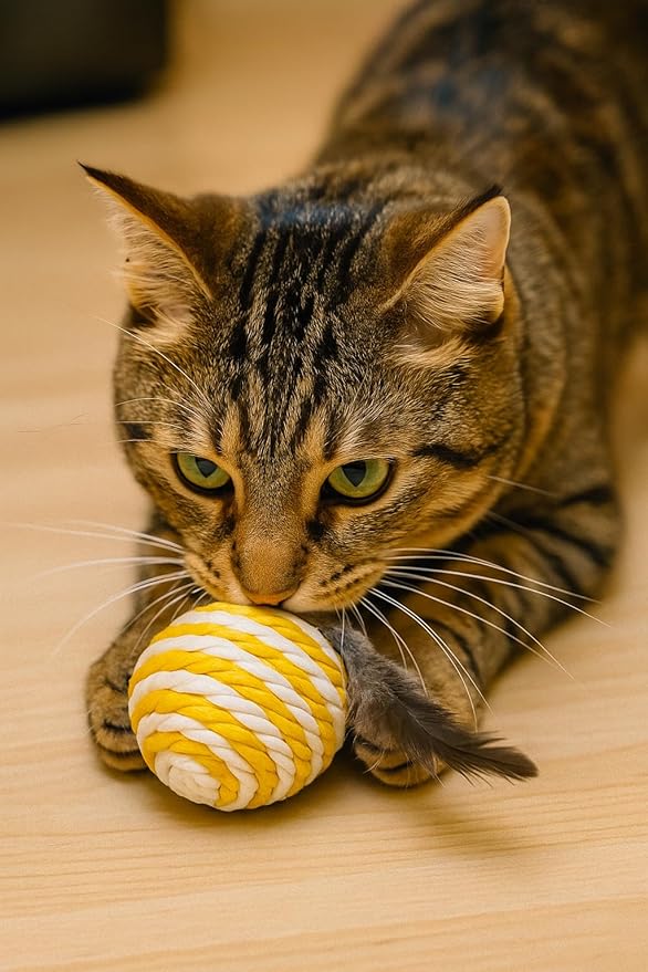 Ball for cat with Feathers - Balls for Cats – Natural Toy for Indoor Cats – Eco-Friendly, Durable, Interactive Play Balls for Kittens – Pet-Safe Chew &amp; Scratch Toys (Yellow)