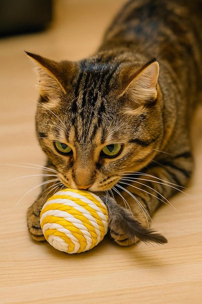 Ball for cat with Feathers - Balls for Cats – Natural Toy for Indoor Cats – Eco-Friendly, Durable, Interactive Play Balls for Kittens – Pet-Safe Chew &amp; Scratch Toys (Yellow)