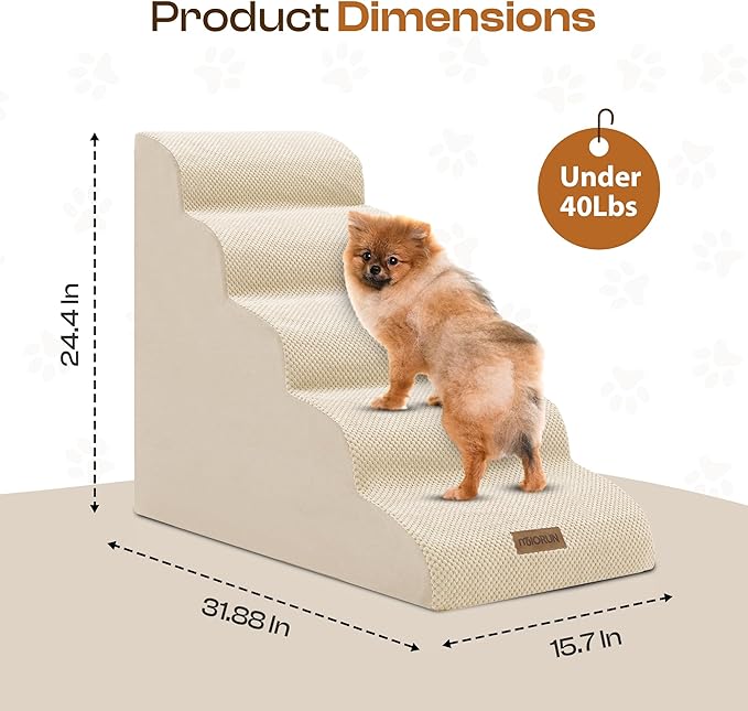 Dog Stairs for High Beds, Extra Tall 24.5" 5-Step Pet Steps for Medium &amp; Small Dogs, Foam Ramp for Tall Couch &amp; Bed, Washable Cover - Dog Steps for Bed