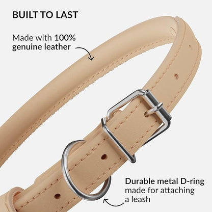 CollarDirect Rolled Leather Dog Collar, Soft Padded Round Puppy Collar, Handmade Genuine Leather Collar Dog Small Large Cat Collars 13 Colors (13-16 Inch, Beige Smooth)
