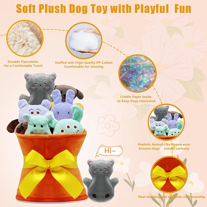Squeaky Dog Toys, 11 Pcs Interactive Dog Plush Toy Collection in Flower Bouquet Packaging,10 Adorable Animal Plushies for Endless Play &amp; Training