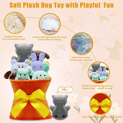 Squeaky Dog Toys, 11 Pcs Interactive Dog Plush Toy Collection in Flower Bouquet Packaging,10 Adorable Animal Plushies for Endless Play &amp; Training