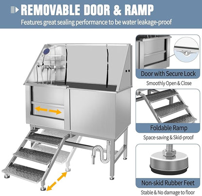 50" Pet Dog Bathing Station W/Ramp, Professional Stainless Steel Dog Grooming Tub W/Storage Drawer, Floor Grate, Faucet, Dog Bathtub For Large,Medium, Small Pets, Washing Sink For Home (50"Left ramp)