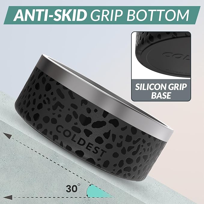 Coldest Dog Bowl - Anti Rust Metal, Non Slip, 3 Layers Insulated Stainless Steel Dog Bowls - Spill Proof &amp; Heavy Duty - Water Bowl for Dogs, Cats &amp; Pets, Dish Washer Safe (100 oz, Black Leopard)