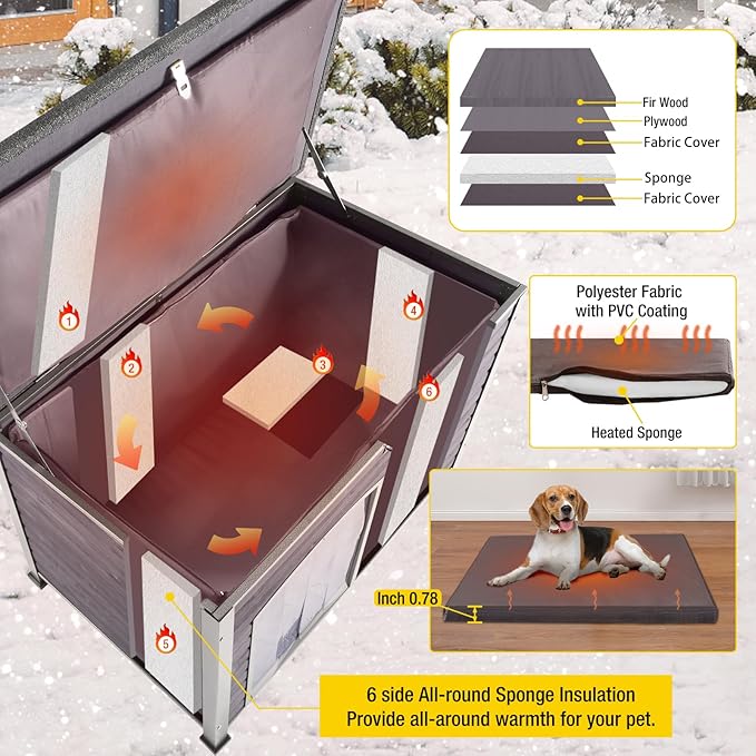 Aivituvin Dog House with Insulated Liner, Outdoor Indoor Weatherproof Dog House for Winter, Suitable for Small &amp; Medium &amp; Large Dogs with Unique All-Around Iron Frame(Grey)