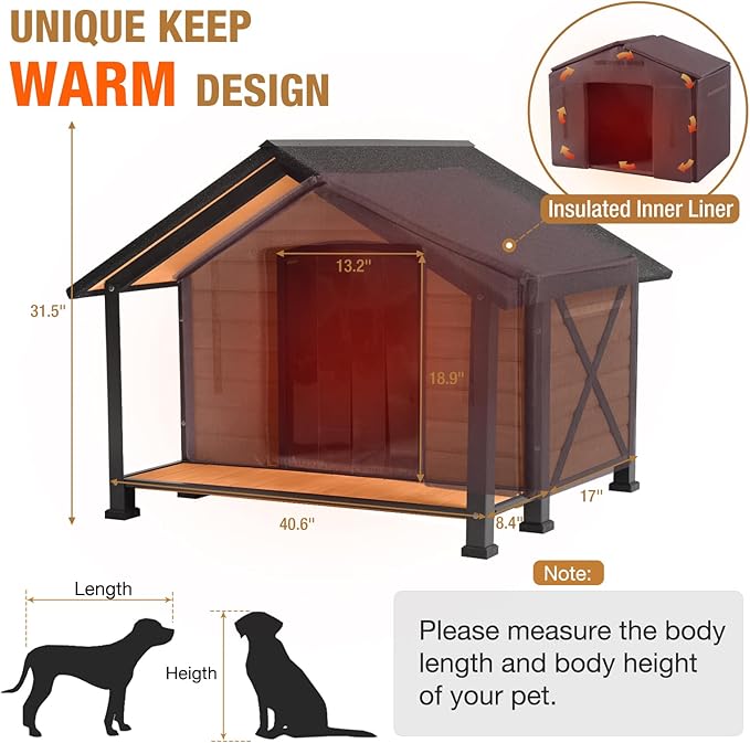 Outdoor Dog House Insulated Large Dog Kennel with Liner for Winter, Heated Dog House 100% Insulated &amp; All-Around Iron Frame