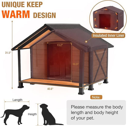 Outdoor Dog House Insulated Large Dog Kennel with Liner for Winter, Heated Dog House 100% Insulated &amp; All-Around Iron Frame
