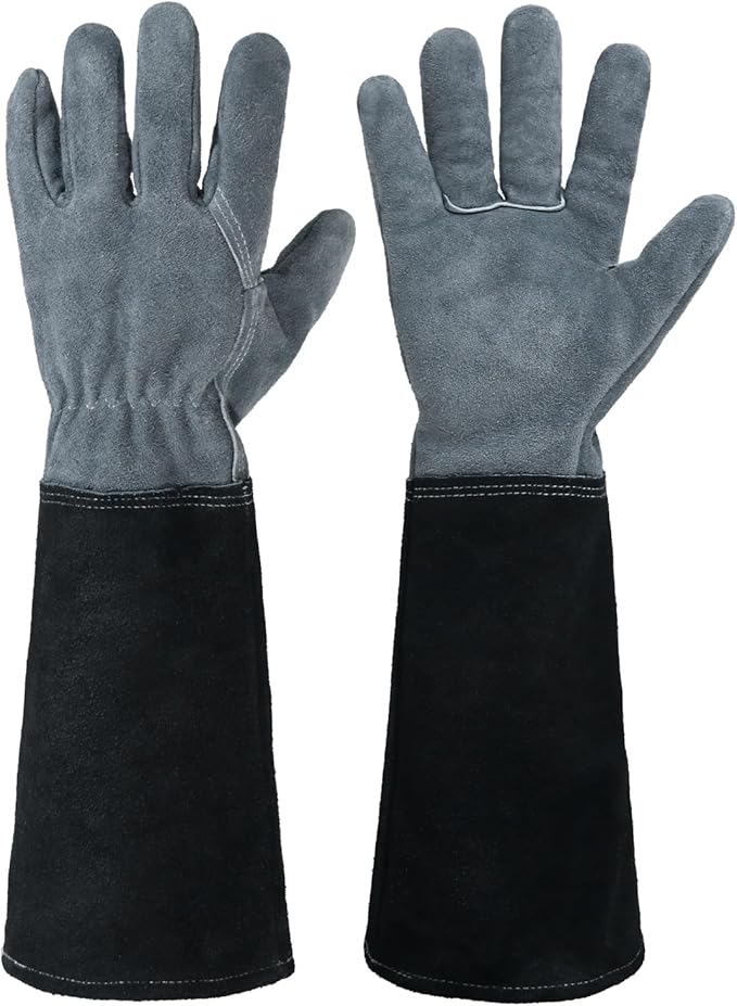 HANDLANDY Long Gardening Gloves for Men &amp; Women, Cowhide Leather Rose Pruning Gloves, Breathable Thorn Proof Gauntlet Glove (Dark Grey-Black, M)