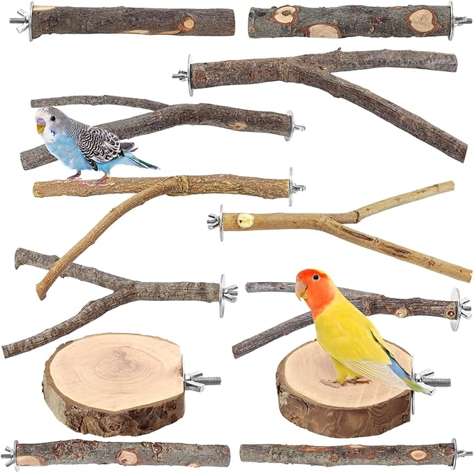 Natural Wood Bird Perches for Cage, Parrot Perch Stand &amp; Platform, Bird Cage Accessories for Parakeets, Cockatiels, Conures, Lovebirds (Brown, Deluxe Playground Set - 12PCS)