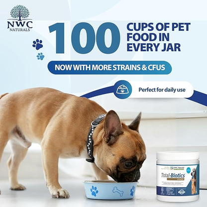 NWC Naturals Total-Biotics, Cat &amp; Dog Probiotics for Digestive Health with Prebiotic, Unflavored Probiotic for Dogs &amp; Cats, Supplement for Gut, Skin, Coat, Stomach Relief, 100 Servings, 2.22 Ounces