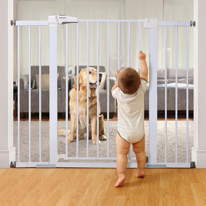 BABELIO 36" Tall Baby Gate, 29-48" Auto Close Pressure Mounted Dog Gate for Stairs, Doorways &amp; Hallway, Protector Basics Easy Walk Thru Pet Gate, Metal Child Gate with 2*Y Spindle Rods, White