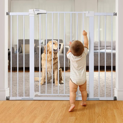 BABELIO 36" Tall Baby Gate, 29-48" Auto Close Pressure Mounted Dog Gate for Stairs, Doorways &amp; Hallway, Protector Basics Easy Walk Thru Pet Gate, Metal Child Gate with 2*Y Spindle Rods, White