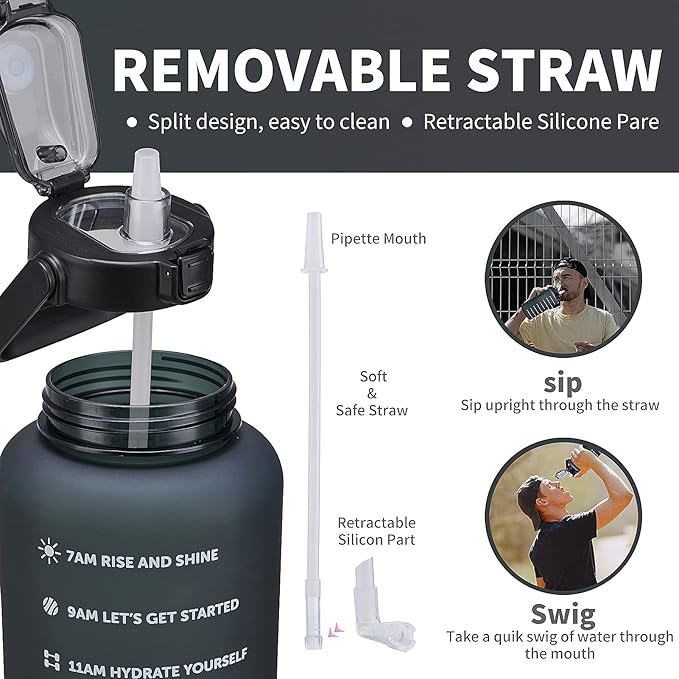 64oz,100oz,128oz Large Motivational Water Bottle with Time Marker, Leakproof &amp; BPA Free Half Gallon Big Water Bottle with Straw Handle Tritan Frosted Water Jug for Gym,Fitness,Outdoor Sports