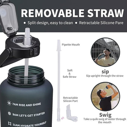 64oz,100oz,128oz Large Motivational Water Bottle with Time Marker, Leakproof &amp; BPA Free Half Gallon Big Water Bottle with Straw Handle Tritan Frosted Water Jug for Gym,Fitness,Outdoor Sports
