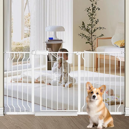 TSAYAWA Walk Through Baby Gate with Door,67-71.5 Inch Wide Presure Mounted No Drill Metal Auto Close Child Gate for Stair Doorway - Indoor Outdoor Safty Gate for Toddler Dog Doggie, White