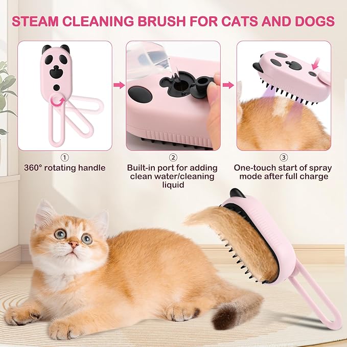 Pet Steam Brush for Dog &amp; Cat,3-in-1 Spray Hair Removal Comb,Pet Steam Groomer Comb,Water Brush for Long &amp; Short Haired Pets,Massage, Cleaning, Multifunctional Hair Removal Comb for Cats Dogs (Pink)