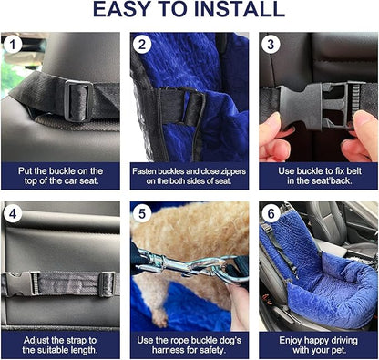 Dog Car Seat for Small Medium Dogs Up to 40lbs, Detachable Washable Soft Pet Booster Travel Bed for Front &amp; Blue Seat with Safety Leash Belt