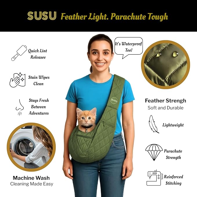 Small Dog Carrier Sling – Olive Green Hands‑Free 2‑in‑1 Sling &amp; Handheld Carrier for Dogs up to 10 lbs, Parachute‑Grade Rip‑Stop Nylon, 4″ Padded Strap, Safety Tether &amp; Pockets